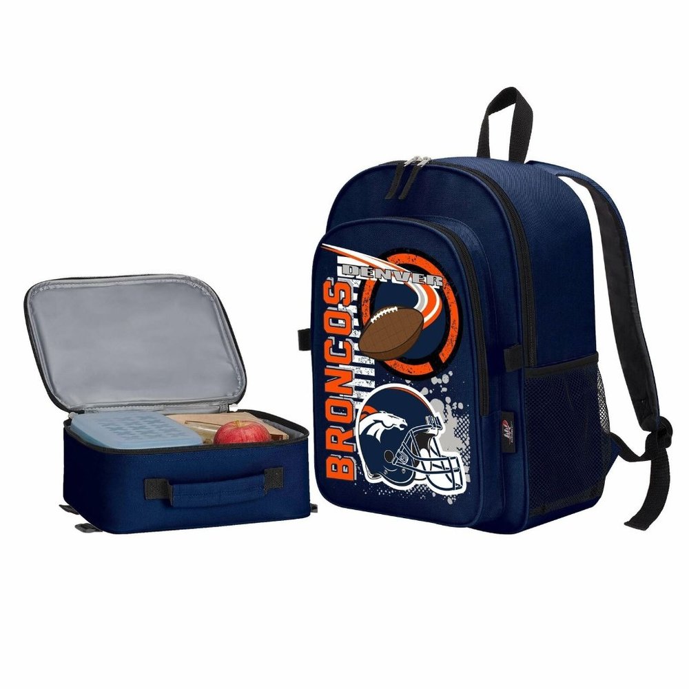 NFL Denver Broncos "Accelerator" Backpack & Lunch Kit Set, 16" x 9.5" x 12" NEW